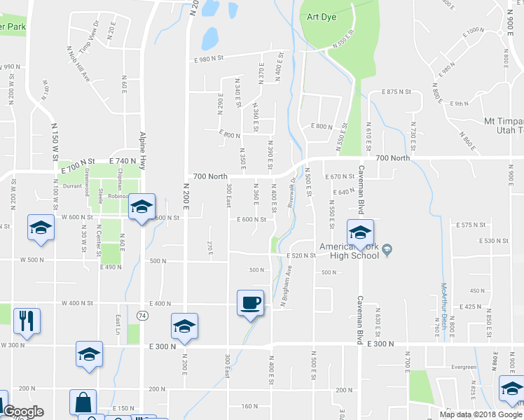map of restaurants, bars, coffee shops, grocery stores, and more near 359 East 600 North Street in American Fork
