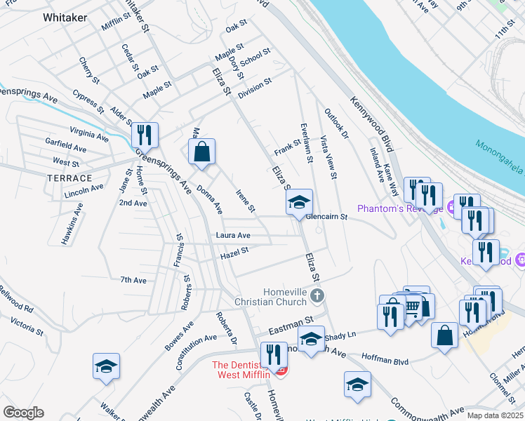 map of restaurants, bars, coffee shops, grocery stores, and more near 720 Glencairn Street in West Mifflin