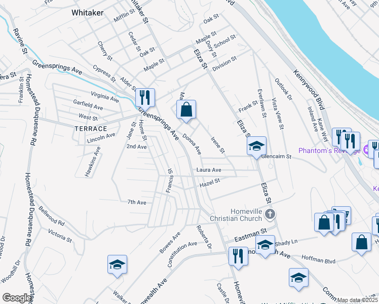 map of restaurants, bars, coffee shops, grocery stores, and more near 4105 Greensprings Avenue in West Mifflin
