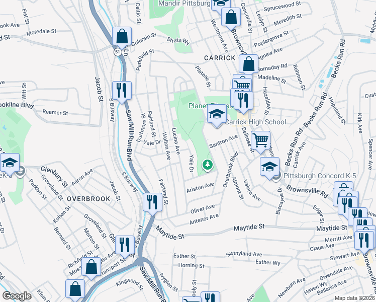 map of restaurants, bars, coffee shops, grocery stores, and more near 2214 Yale Drive in Pittsburgh