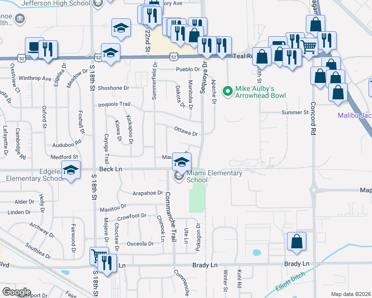 map of restaurants, bars, coffee shops, grocery stores, and more near 2411 Maumee Place in Lafayette