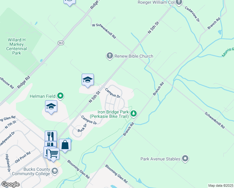 map of restaurants, bars, coffee shops, grocery stores, and more near 700 Campus Drive in Perkasie