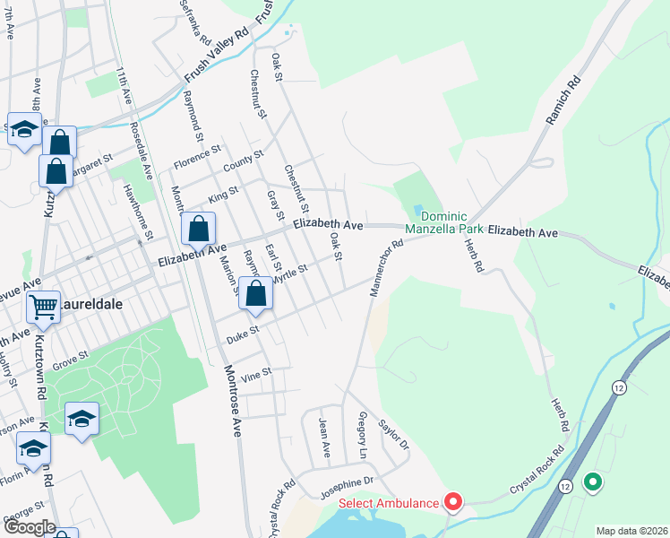 map of restaurants, bars, coffee shops, grocery stores, and more near 3204 Oak Street in Laureldale