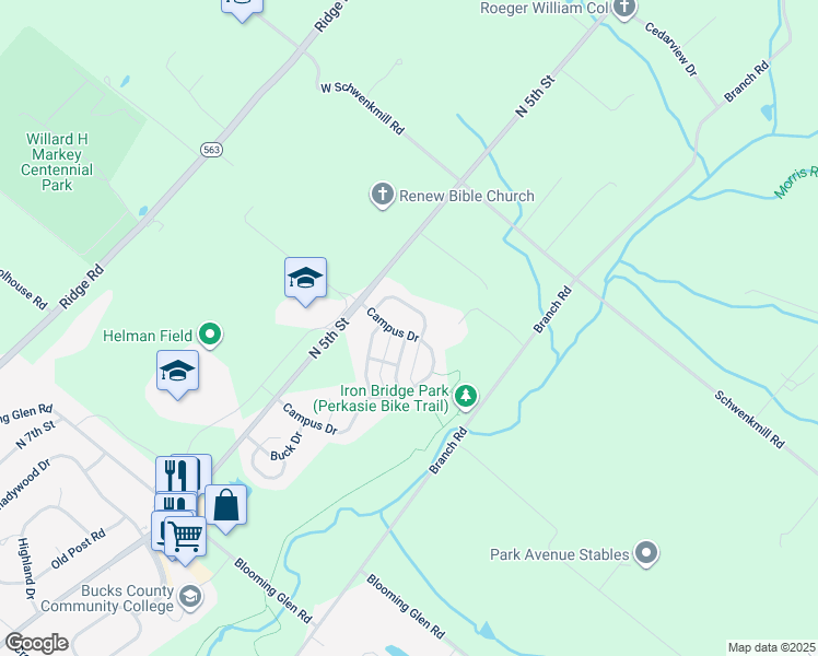 map of restaurants, bars, coffee shops, grocery stores, and more near 700 Campus Drive in Perkasie