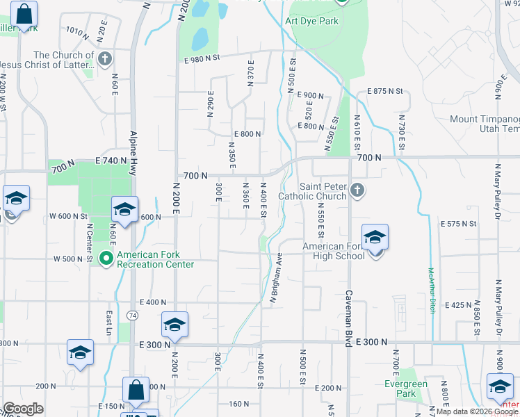 map of restaurants, bars, coffee shops, grocery stores, and more near 606 North 400 East in American Fork