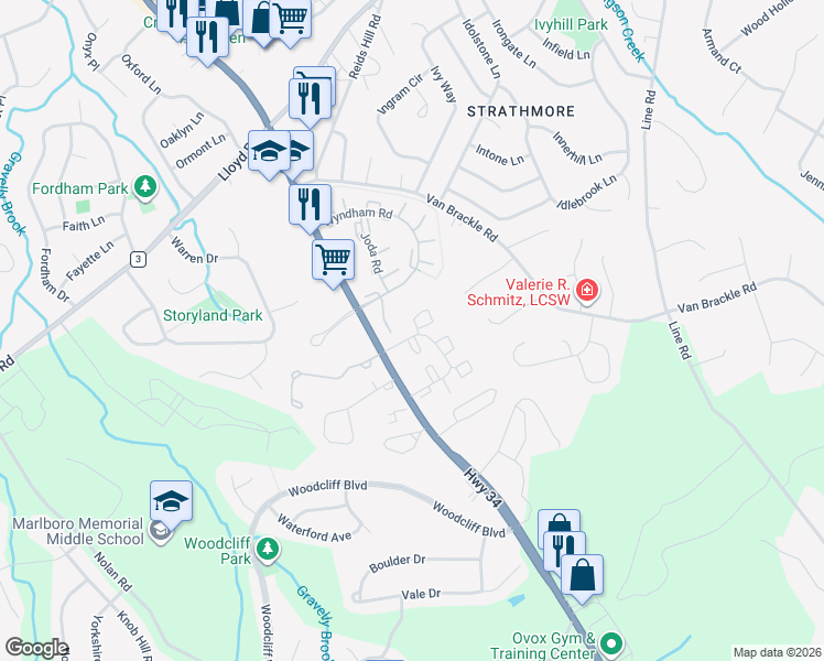 map of restaurants, bars, coffee shops, grocery stores, and more near 708 Wellington Place in Matawan