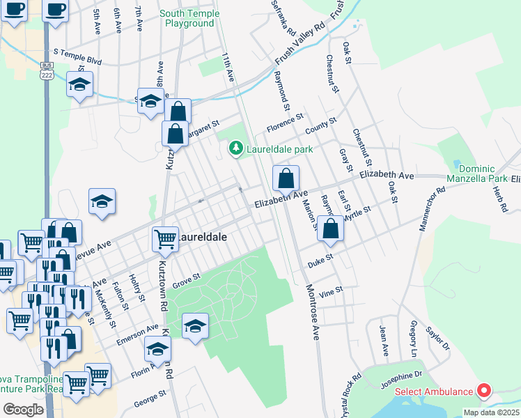 map of restaurants, bars, coffee shops, grocery stores, and more near 1410 Elizabeth Avenue in Laureldale