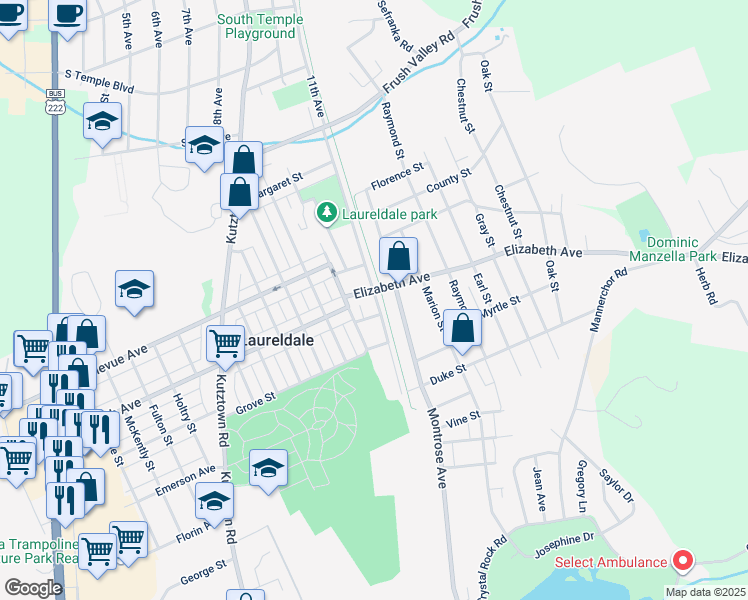map of restaurants, bars, coffee shops, grocery stores, and more near 3336 Rosedale Avenue in Laureldale