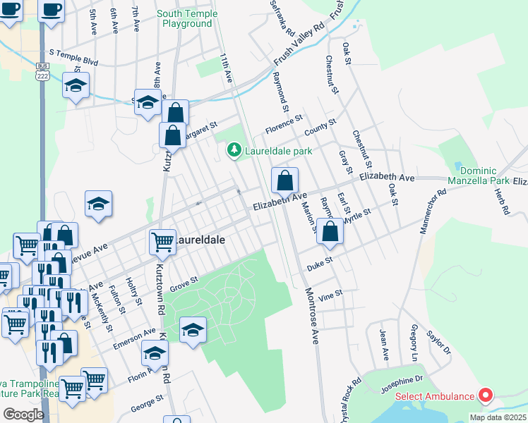 map of restaurants, bars, coffee shops, grocery stores, and more near 3336 Rosedale Avenue in Laureldale