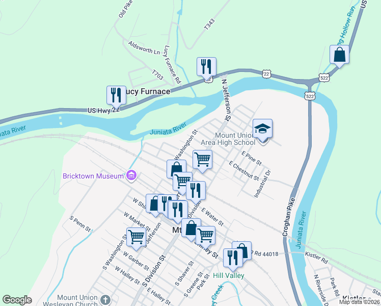 map of restaurants, bars, coffee shops, grocery stores, and more near 108 West Walnut Street in Mount Union