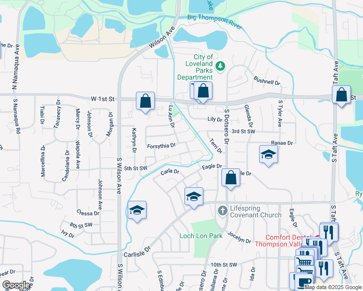 map of restaurants, bars, coffee shops, grocery stores, and more near 2444 Forsythia Drive in Loveland