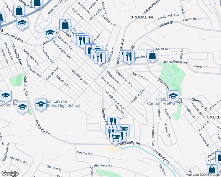 map of restaurants, bars, coffee shops, grocery stores, and more near 1133 Woodbourne Avenue in Pittsburgh