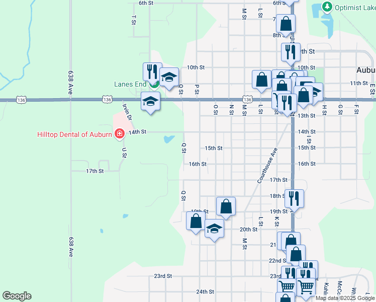 map of restaurants, bars, coffee shops, grocery stores, and more near 1520 P Street in Auburn