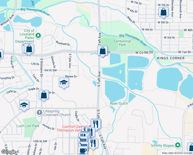 map of restaurants, bars, coffee shops, grocery stores, and more near 410 Audrey Drive in Loveland