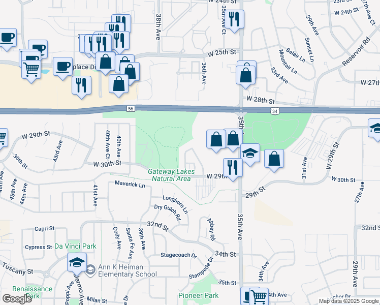 map of restaurants, bars, coffee shops, grocery stores, and more near 3613 West 29th Street in Greeley
