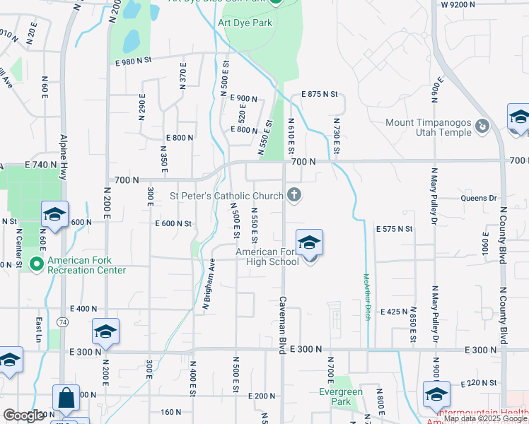 map of restaurants, bars, coffee shops, grocery stores, and more near 594 North 580 East in American Fork