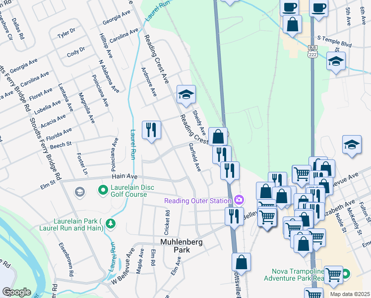 map of restaurants, bars, coffee shops, grocery stores, and more near 216 Rothermel Boulevard in Reading