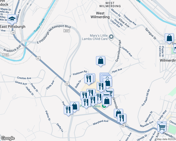 map of restaurants, bars, coffee shops, grocery stores, and more near 700 Della Drive in North Versailles