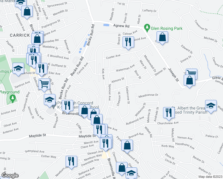 map of restaurants, bars, coffee shops, grocery stores, and more near 224 Gilboa Way in Pittsburgh