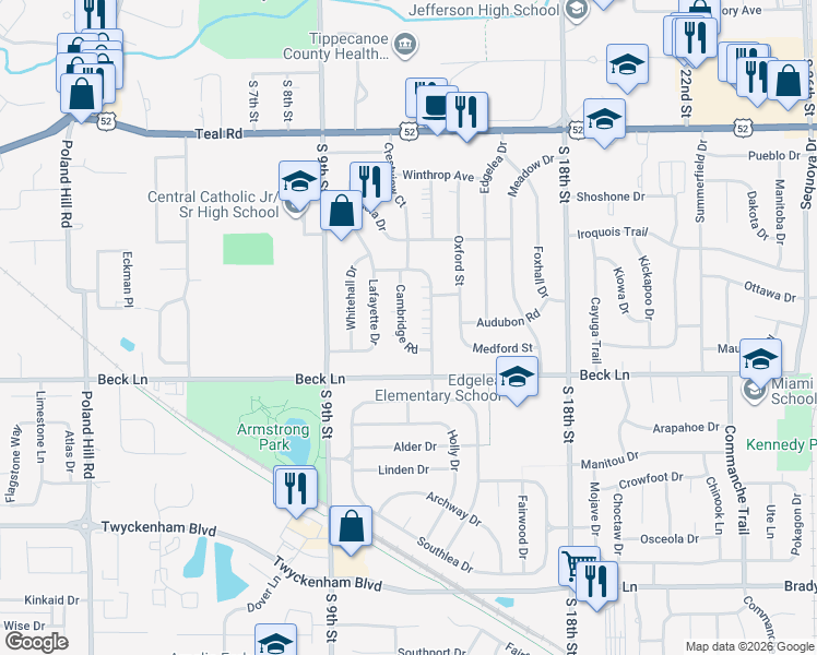 map of restaurants, bars, coffee shops, grocery stores, and more near 2552 Cambridge Road in Lafayette