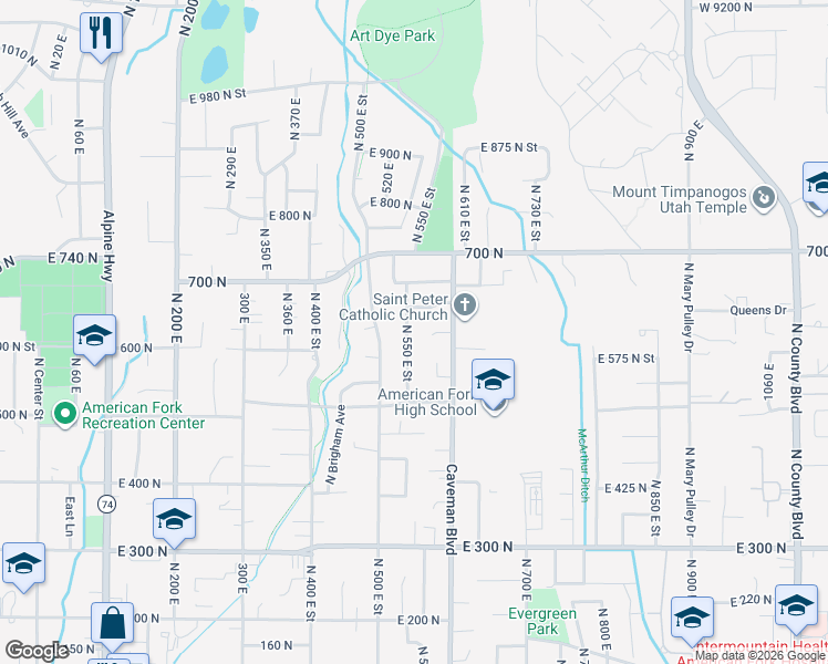 map of restaurants, bars, coffee shops, grocery stores, and more near 583 North 550 East Street in American Fork
