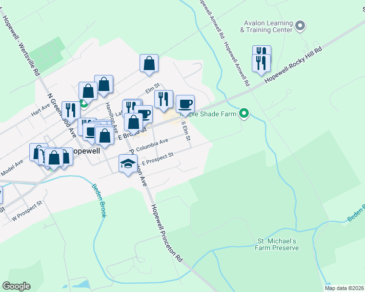 map of restaurants, bars, coffee shops, grocery stores, and more near 78 East Prospect Street in Hopewell