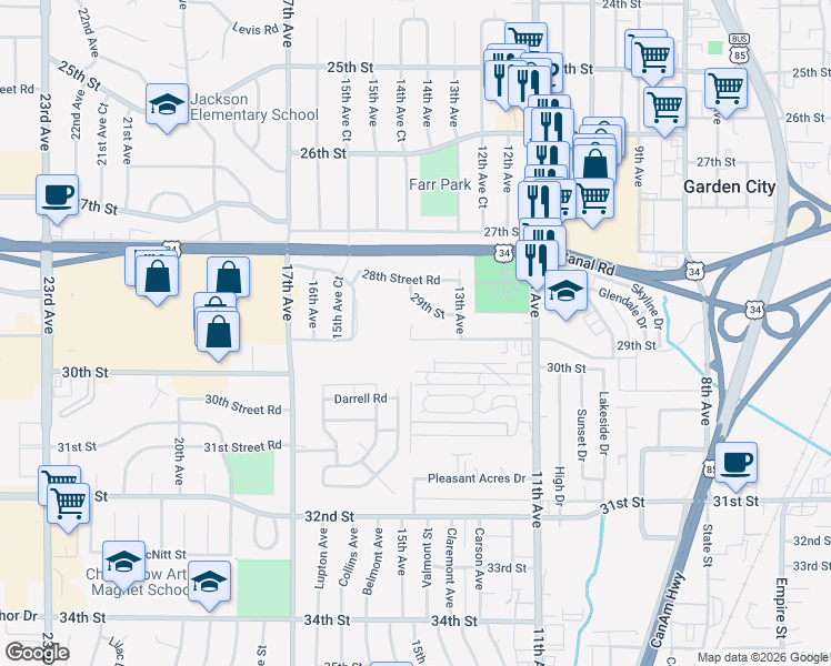 map of restaurants, bars, coffee shops, grocery stores, and more near 1346 29th Saint Road in Greeley