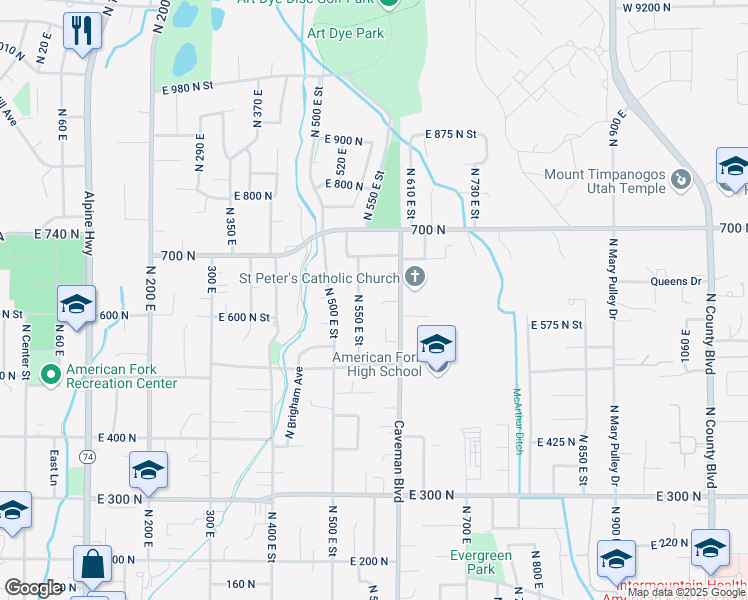 map of restaurants, bars, coffee shops, grocery stores, and more near 594 North 580 East in American Fork