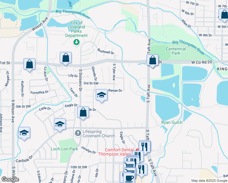 map of restaurants, bars, coffee shops, grocery stores, and more near 701 South Tyler Avenue in Loveland