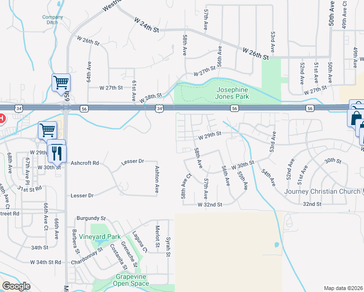 map of restaurants, bars, coffee shops, grocery stores, and more near 5819 29th Street Road in Greeley