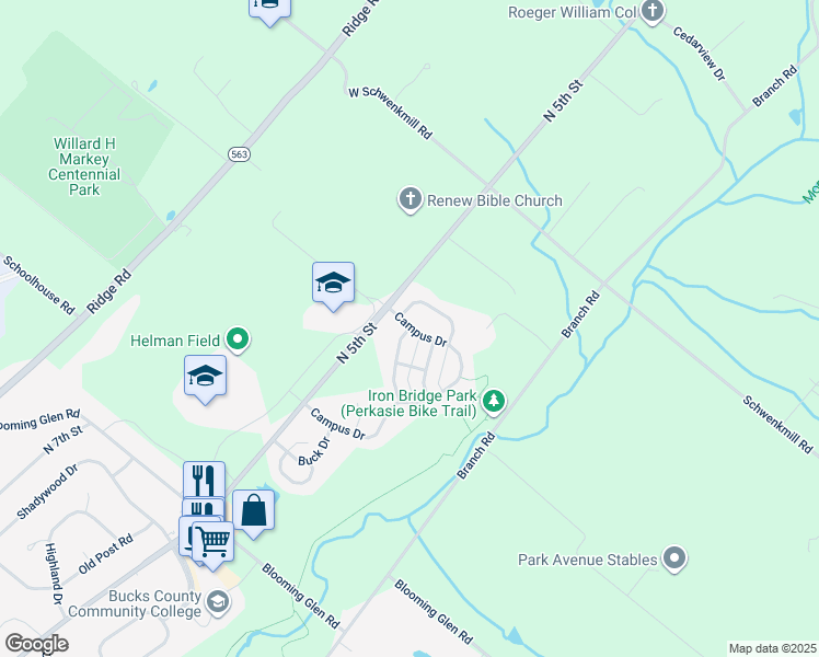 map of restaurants, bars, coffee shops, grocery stores, and more near 100 Sunnyside Lane in Perkasie