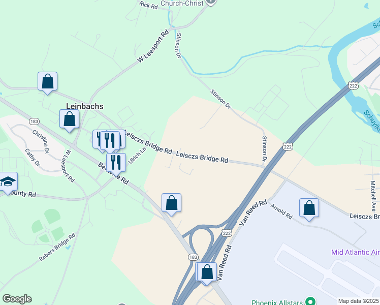 map of restaurants, bars, coffee shops, grocery stores, and more near 2672 Leisczs Bridge Road in Leesport