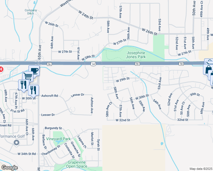 map of restaurants, bars, coffee shops, grocery stores, and more near 5601 West 29th Street in Greeley