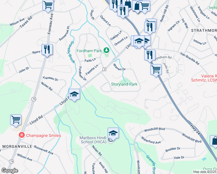 map of restaurants, bars, coffee shops, grocery stores, and more near 10 Warren Drive in Aberdeen Township