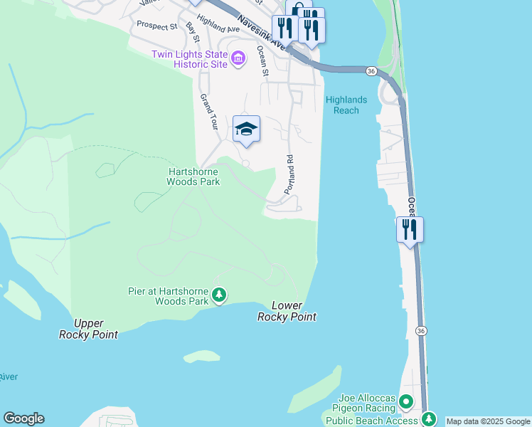 map of restaurants, bars, coffee shops, grocery stores, and more near Battery Loop Trail in Highlands