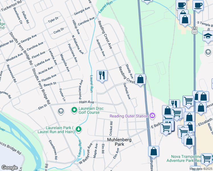 map of restaurants, bars, coffee shops, grocery stores, and more near 3325 Willow Grove Avenue in Reading