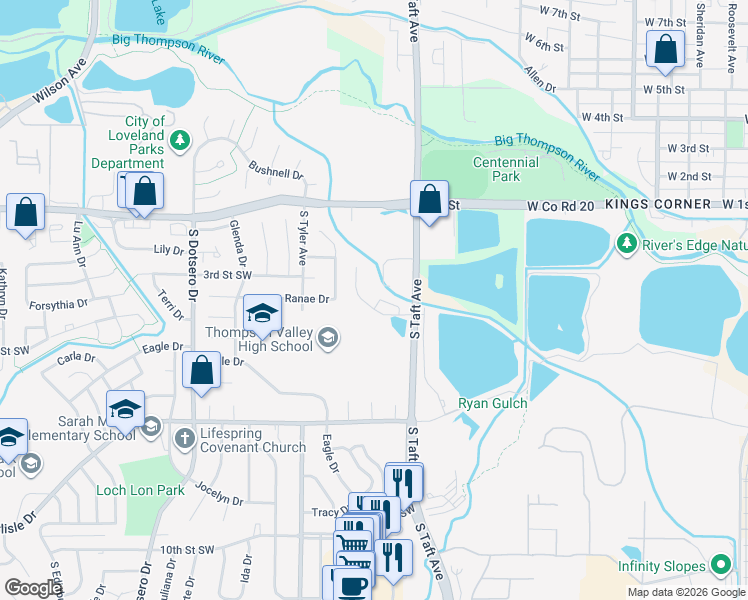 map of restaurants, bars, coffee shops, grocery stores, and more near 343 Audrey Drive in Loveland