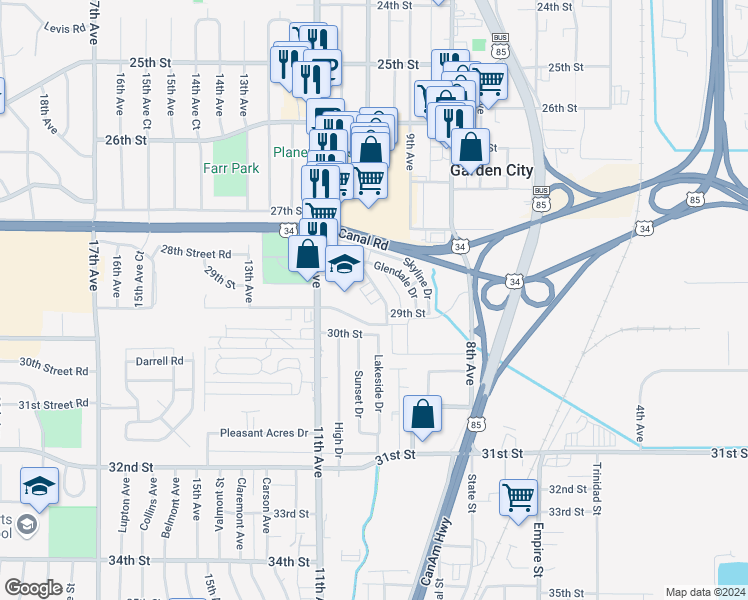 map of restaurants, bars, coffee shops, grocery stores, and more near 2912 State Farm Road in Evans