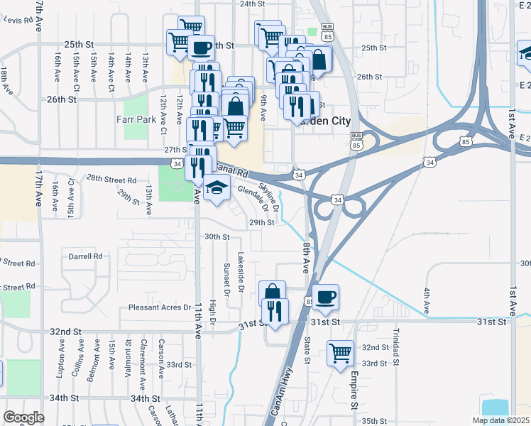 map of restaurants, bars, coffee shops, grocery stores, and more near 2905 Glendale Drive in Evans