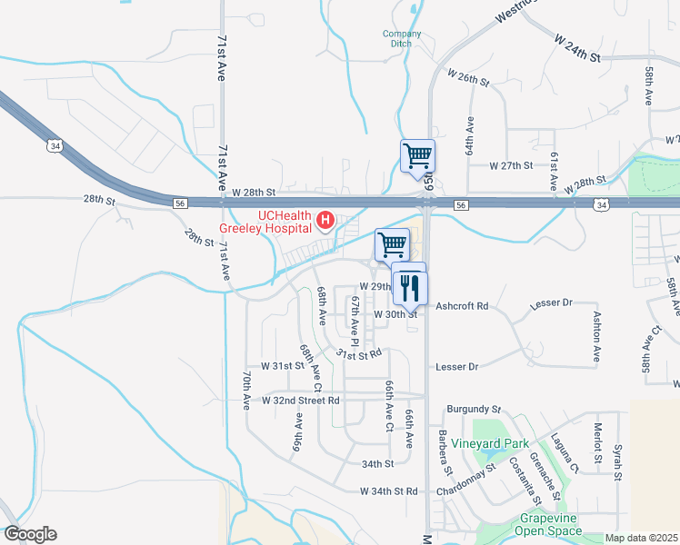 map of restaurants, bars, coffee shops, grocery stores, and more near 2913 67th Avenue Place in Greeley