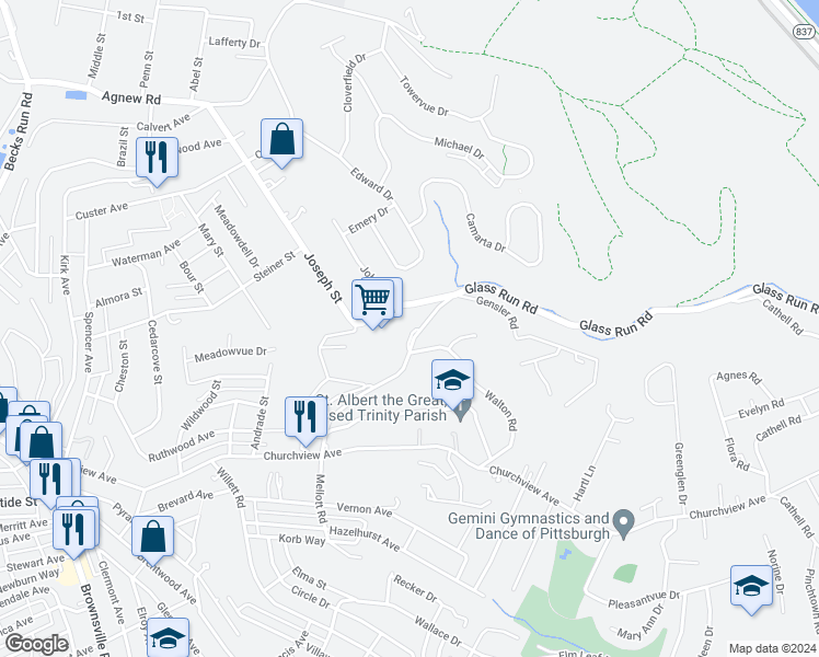 map of restaurants, bars, coffee shops, grocery stores, and more near 1000 Glass Run Road in Pittsburgh