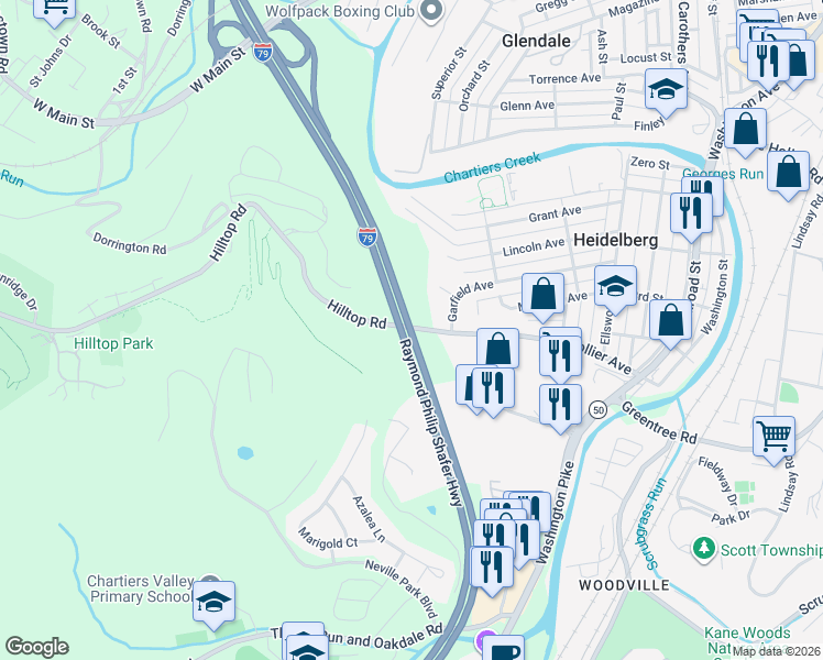 map of restaurants, bars, coffee shops, grocery stores, and more near 510 Hilltop Road in Carnegie