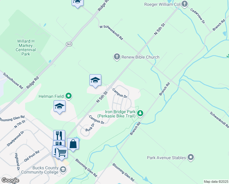 map of restaurants, bars, coffee shops, grocery stores, and more near 100 Sunnyside Lane in Perkasie