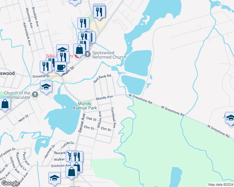 map of restaurants, bars, coffee shops, grocery stores, and more near 113 Mundy Avenue in Spotswood