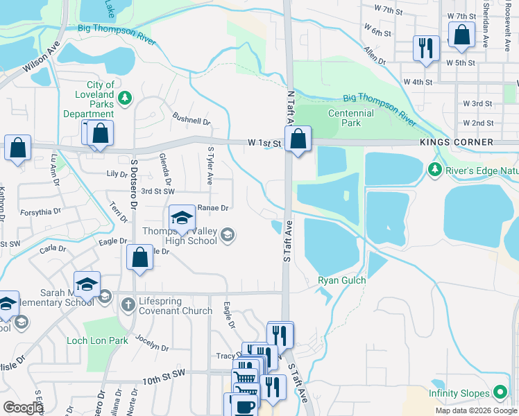 map of restaurants, bars, coffee shops, grocery stores, and more near 352 Audrey Drive in Loveland