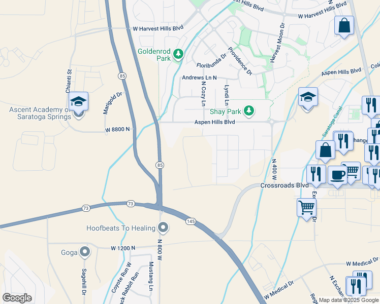map of restaurants, bars, coffee shops, grocery stores, and more near 1502 North Utah Cottage Drive in Saratoga Springs