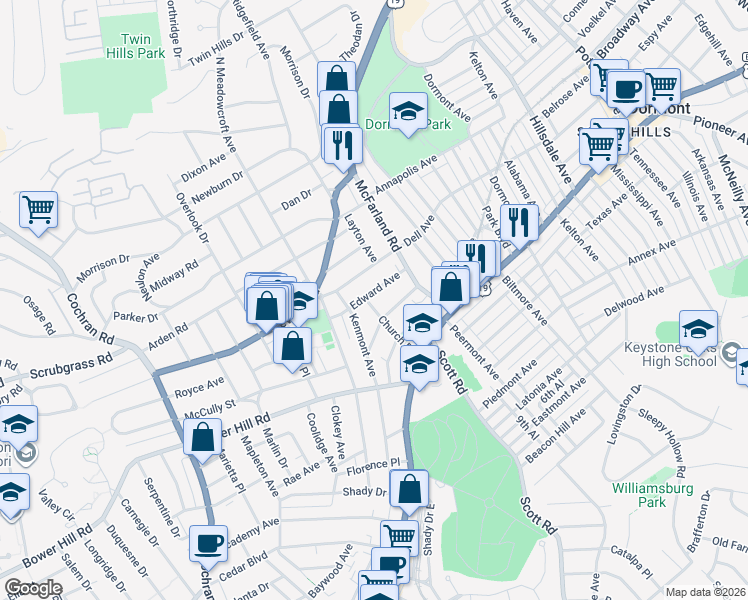 map of restaurants, bars, coffee shops, grocery stores, and more near 303 Kenmont Avenue in Pittsburgh