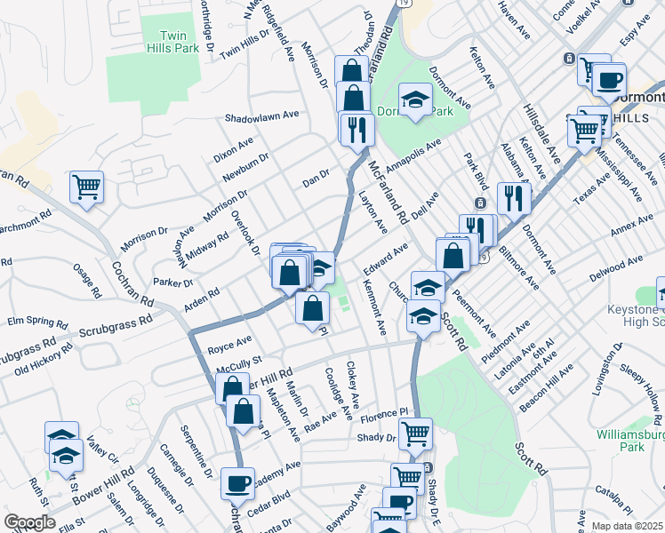 map of restaurants, bars, coffee shops, grocery stores, and more near 251 Beverly Road in Pittsburgh