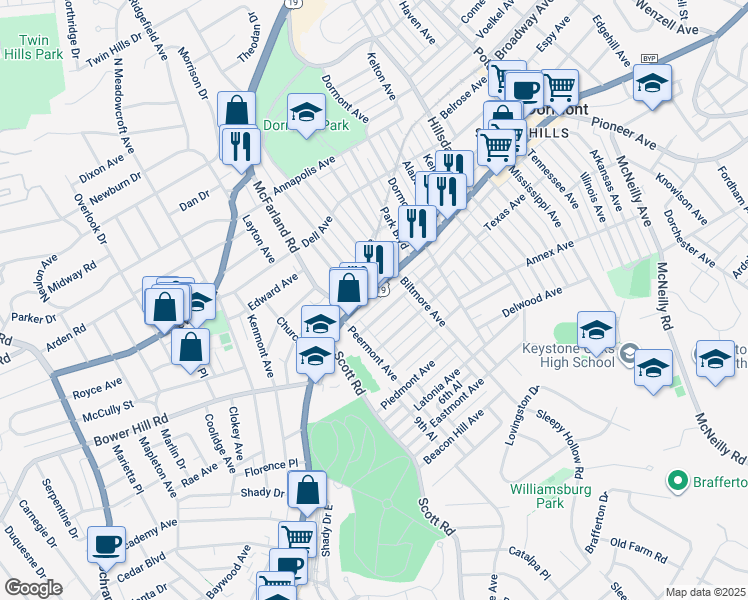 map of restaurants, bars, coffee shops, grocery stores, and more near 3258 Wainbell Avenue in Pittsburgh