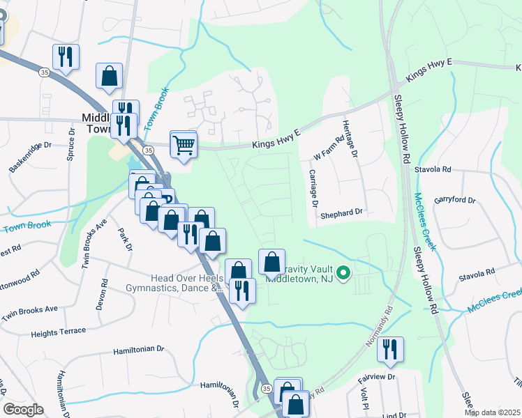 map of restaurants, bars, coffee shops, grocery stores, and more near 1 Waller Drive in Middletown Township
